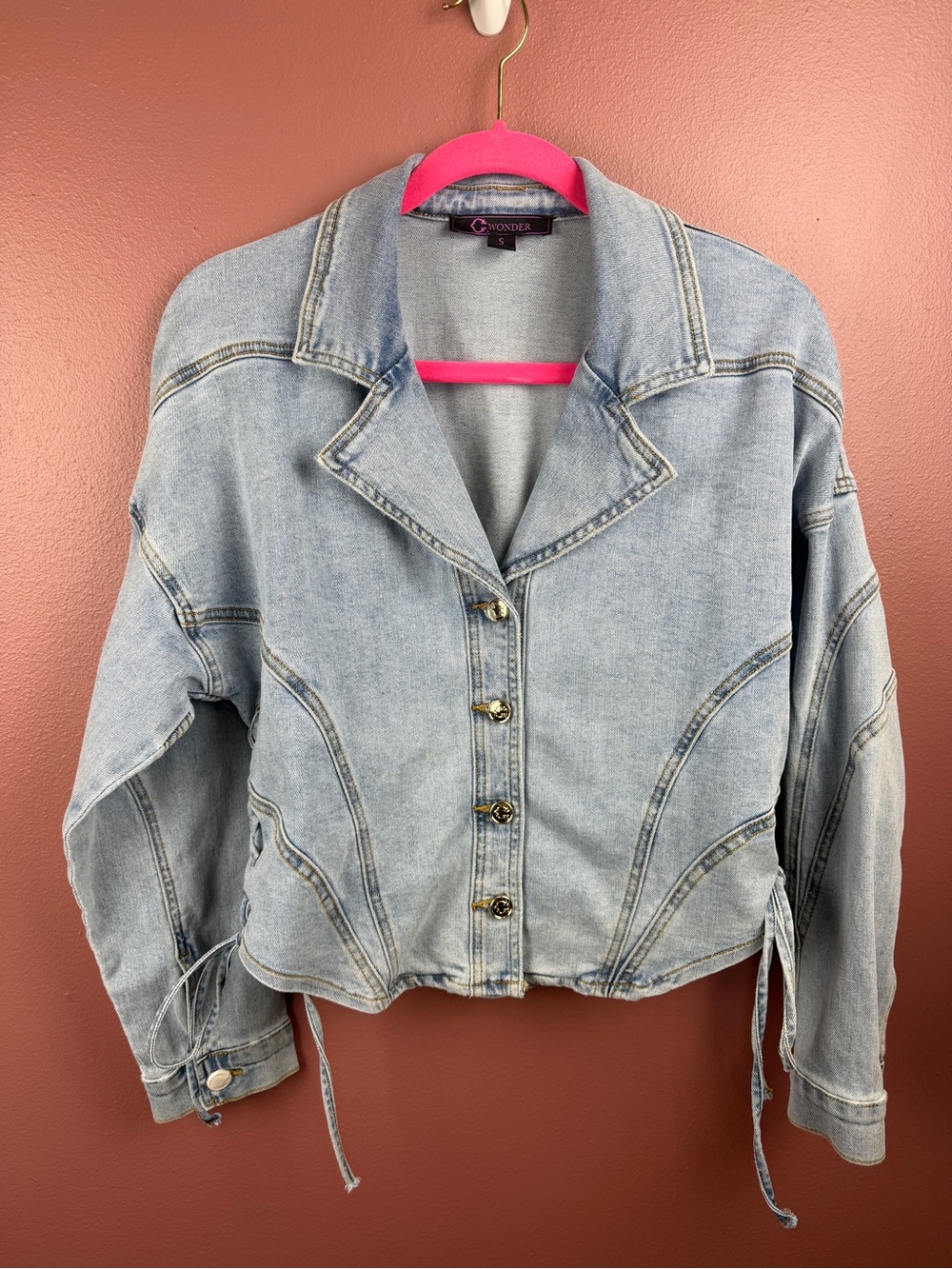 C. Wonder Lace Up Light Blue Washed Stretch Denim Jacket Size Small